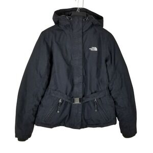 The North Face Puffer Jacket Womens M Black Belted Hooded Goose Down Coat